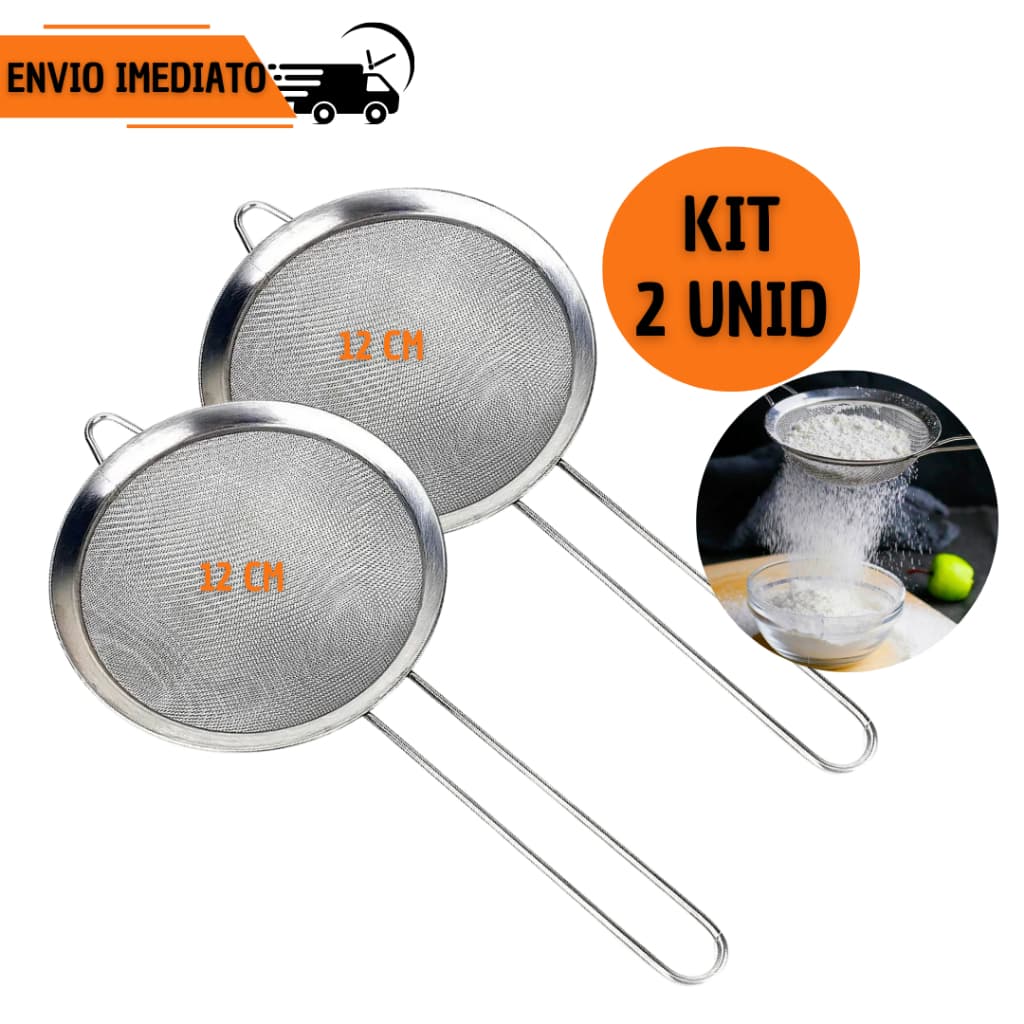 Jogo 2 Peneiras 12CM Coador Aço Inox Suco Oleo Farinha Casa Restaurante Cozinha Malha Fina Polvilhador