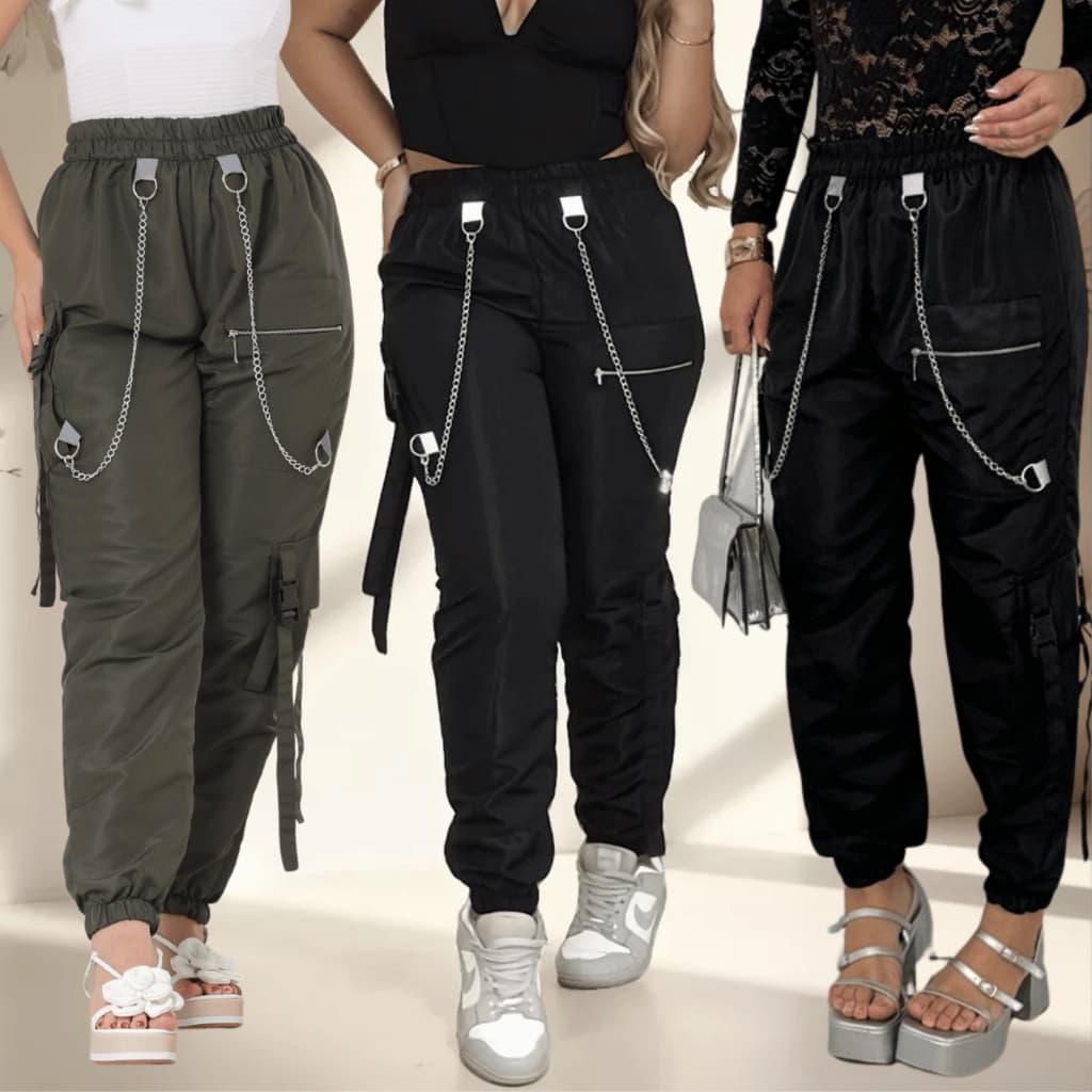 calça pantalona jogger unissex em tactel bolsos e correntes p m g tipo cargo