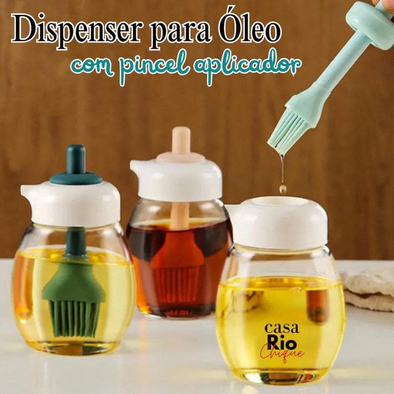 Dispenser Multiuso com Pincel Aplicador Galheteiro Porta Oleo Azeite Shoyu Silicone Jarra Vidro 280ml