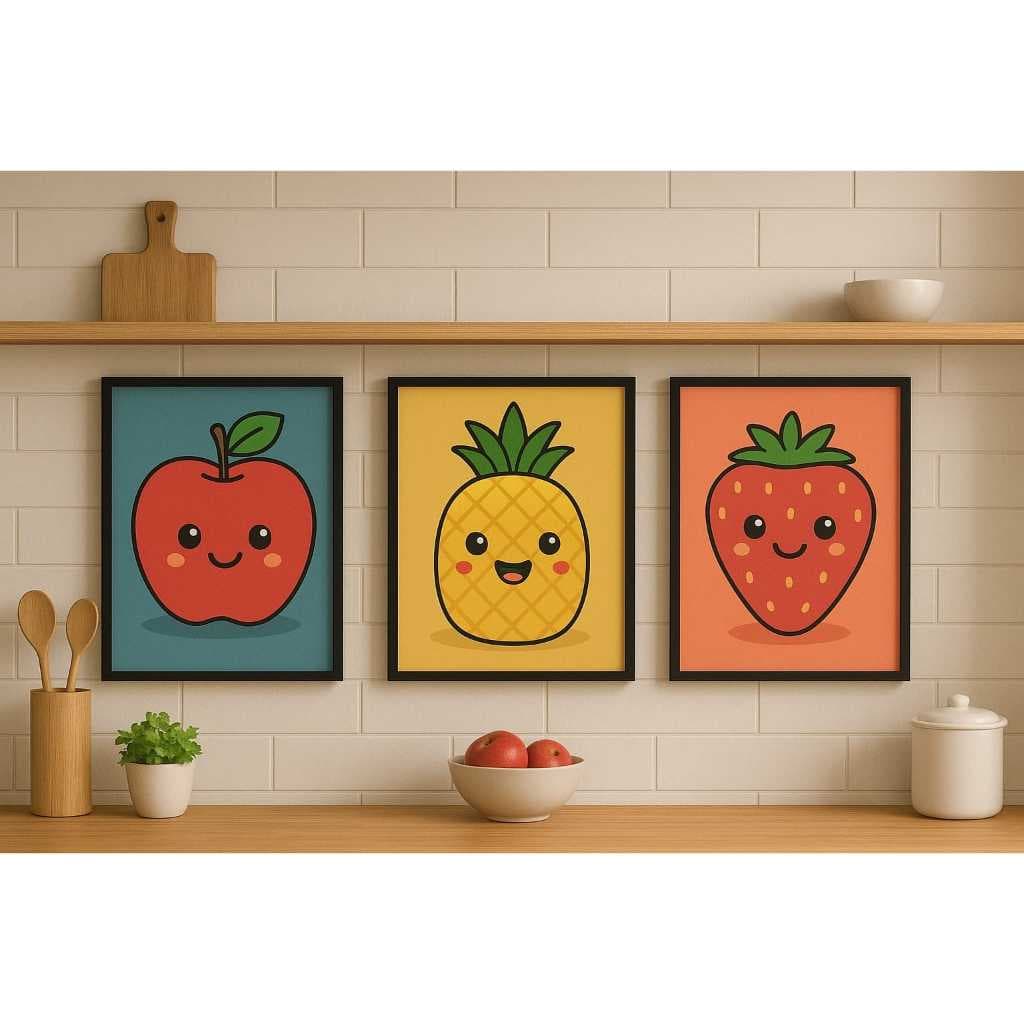 Kit 3 Quadros Decorativos Frutas Fofo | Maçã, Abacaxi e Morango | Decoração Cozinha ou Sala | Estilo Kawaii