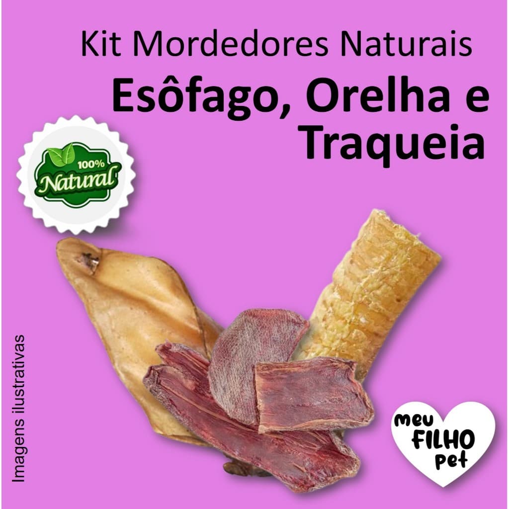 Kit Mordedor Petisco Natural para Cães Esôfago Orelha Traqueia Bovin NutriCão Pet Food Osso Cachorro