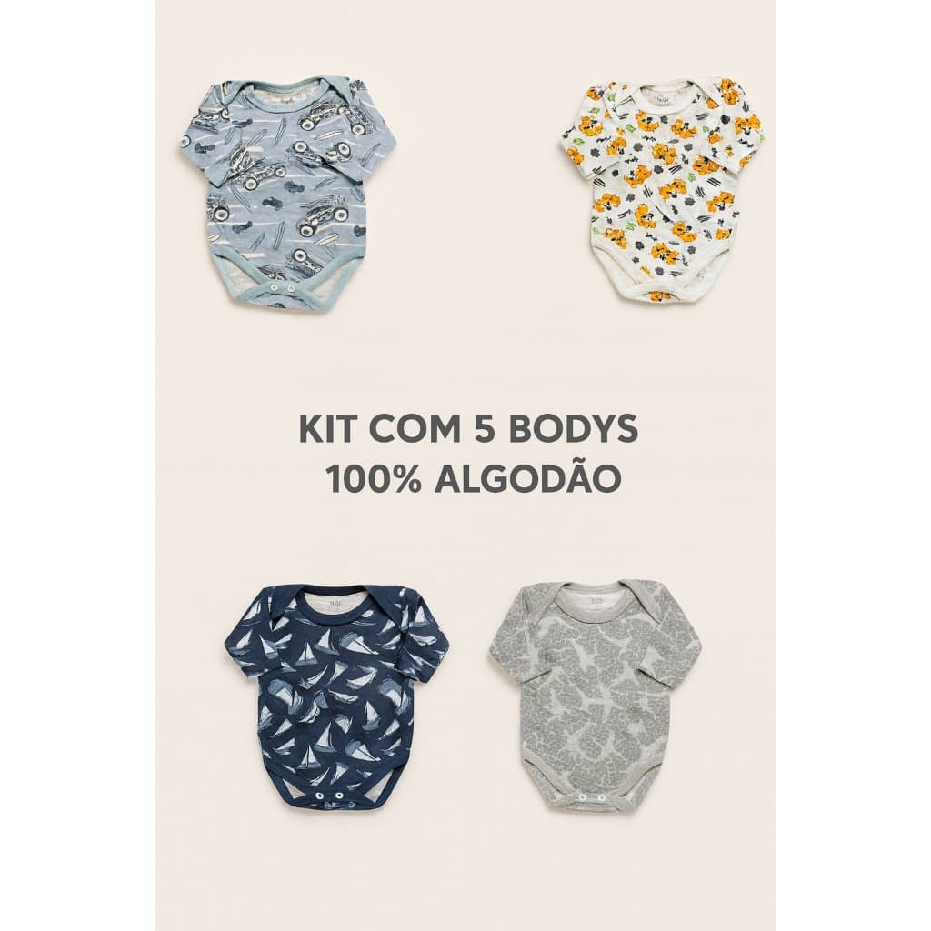 Kit 5 Body Infantil Estampado Algodão Manga Longa Roupas Bebê RN a 9M .