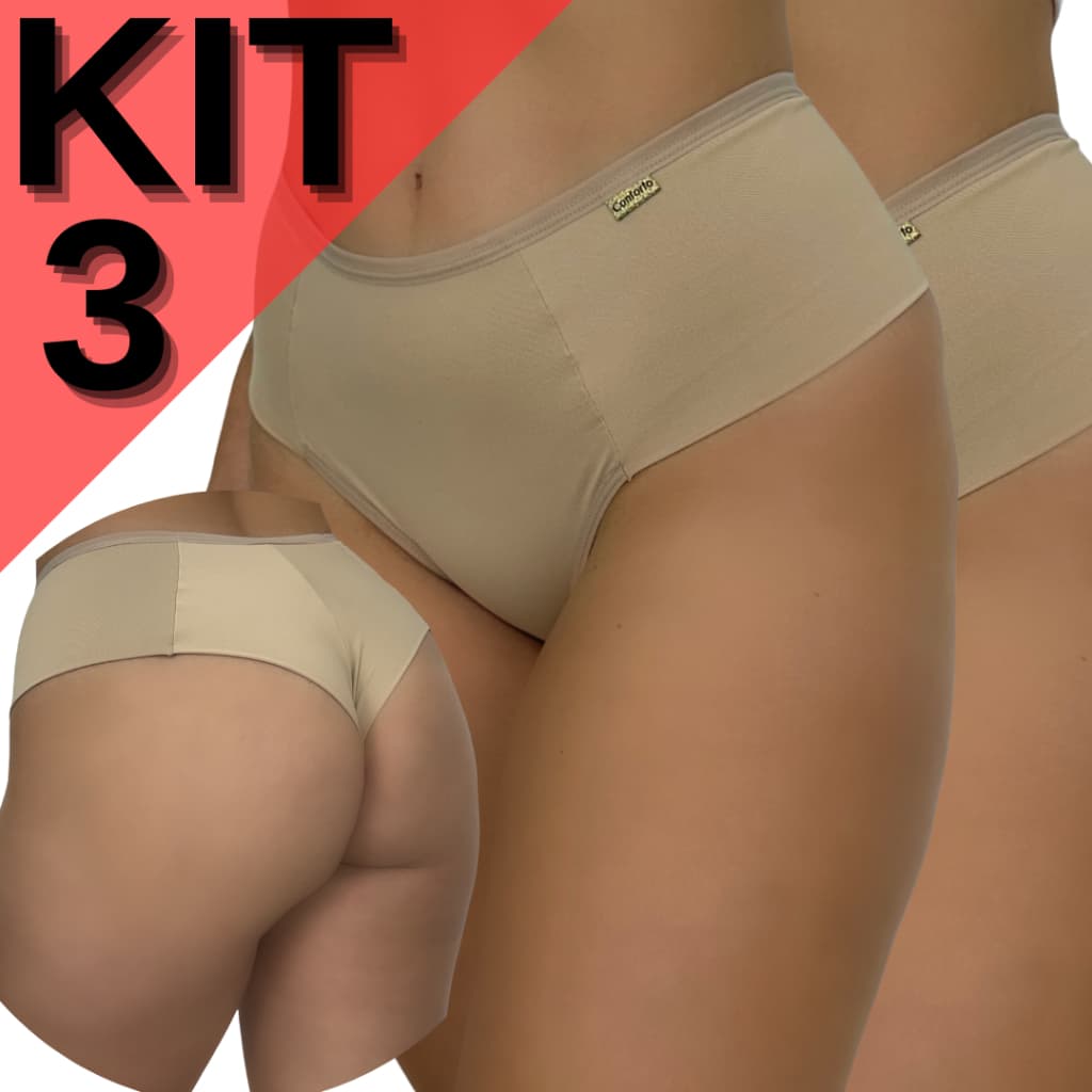 KIT 3 Calcinha Feminina Fio Duplo Cintura Alta Conforto Poliamida Premium Não Marca Levanta Bumbum Forro Algodão