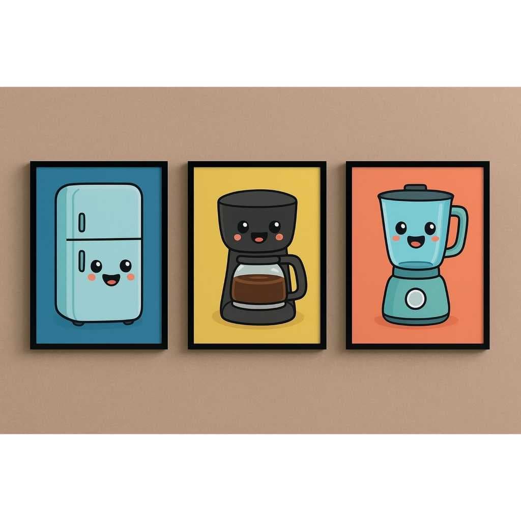 Quadro Decorativo Cozinha Fofo Kit 3 Peças Colorido – 60x40cm ou 20x30cm com Fita Dupla Face