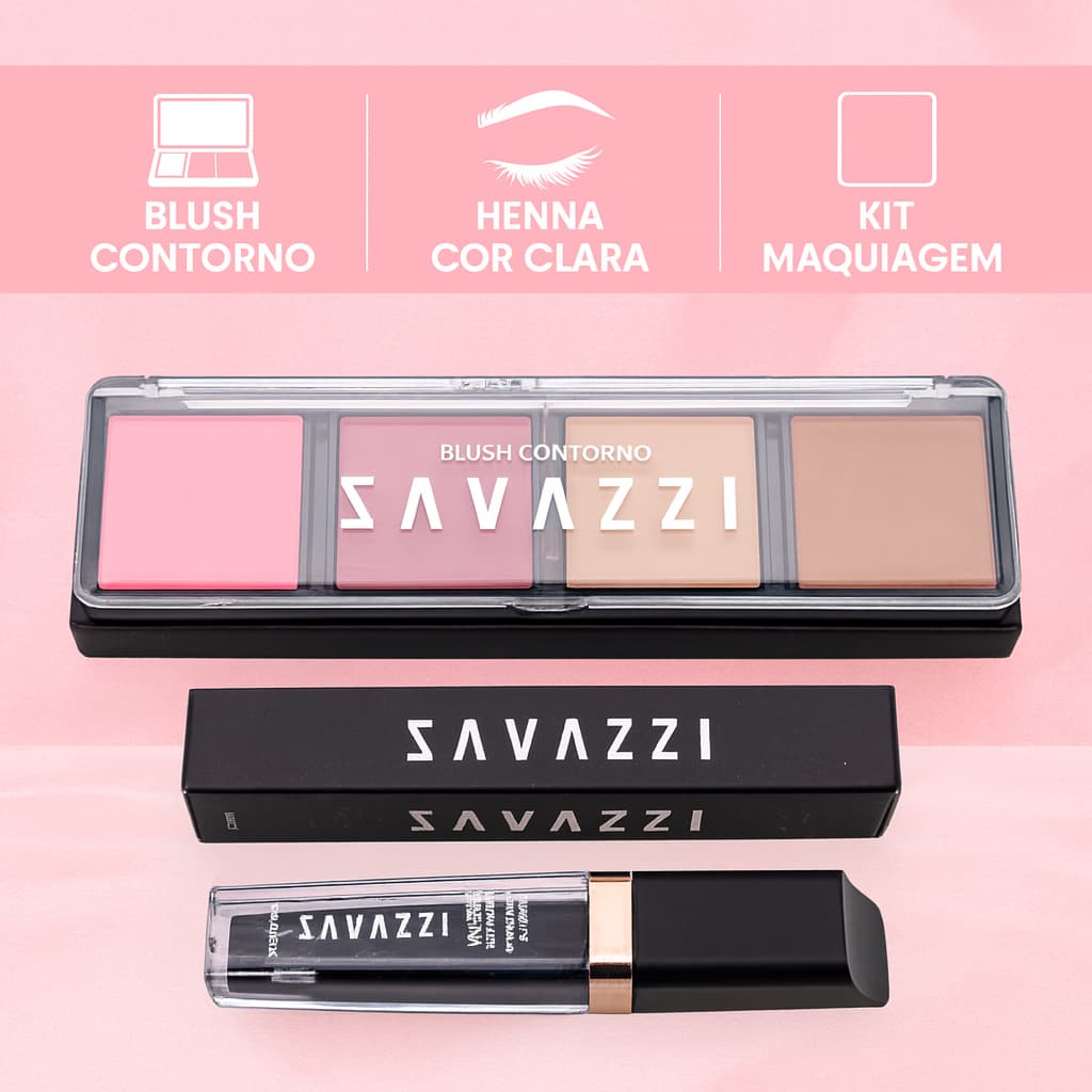 Kit Maquiagem Savazzi Quarteto Blush Contorno + Duo Henna para Sobrancelha Cor Clara Make Completa