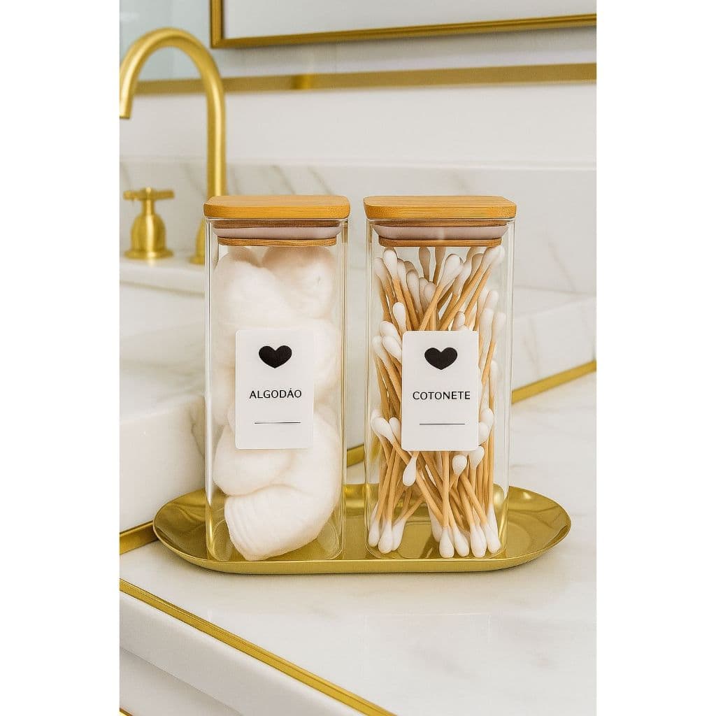 Organizadores Banheiro Luxo – Potes de Vidro com Tampa Bambu Porta Algodão e Cotonete+ Bandeja Opcional