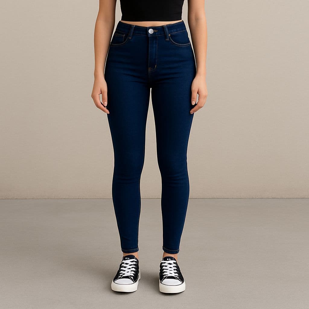 Calça Skinny Azul Escuro Feminina Modeladora Cintura Alta Lisa Confortável