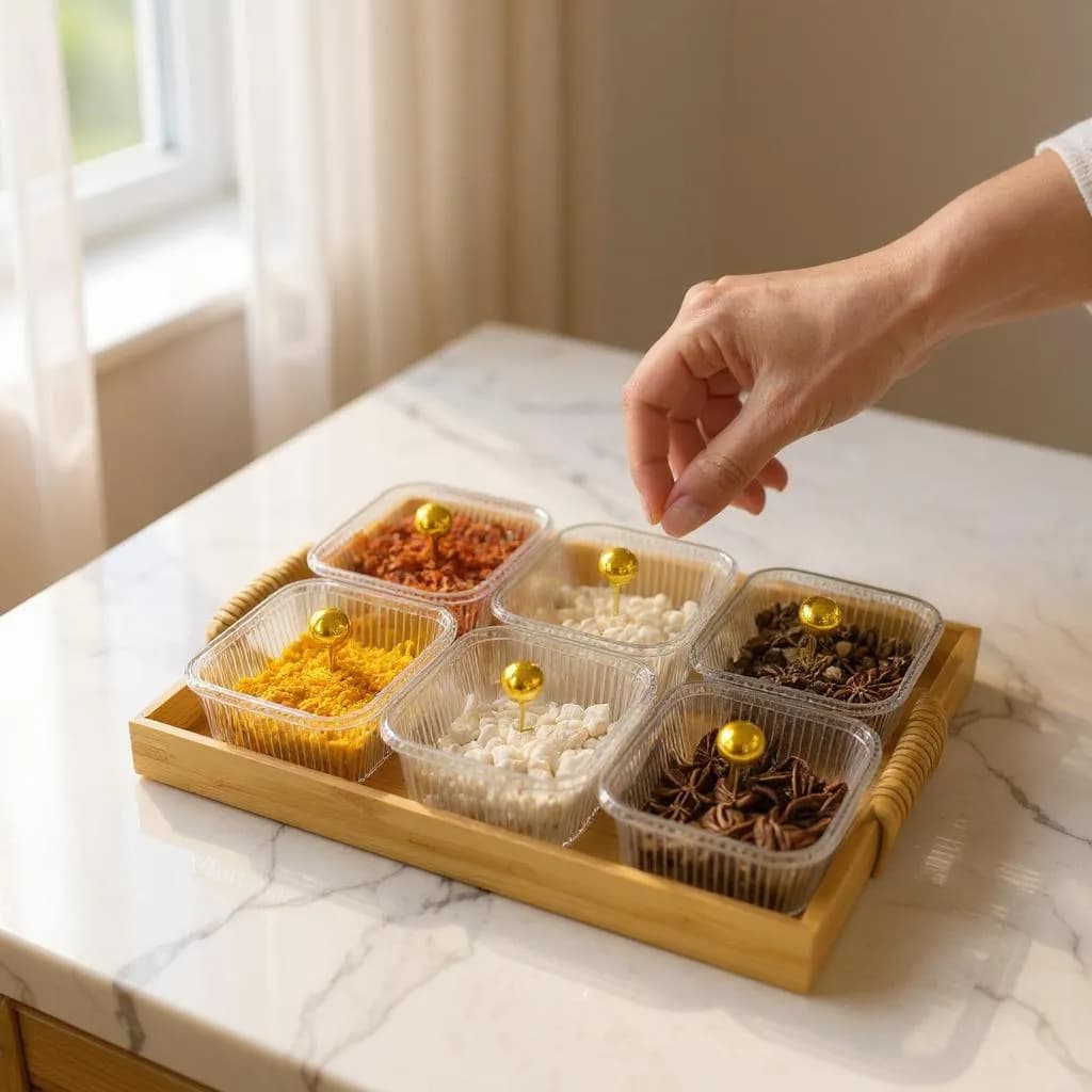 Conjunto de Potes Gourmet Cristalina com Bandeja de Madeira - 7 Peças