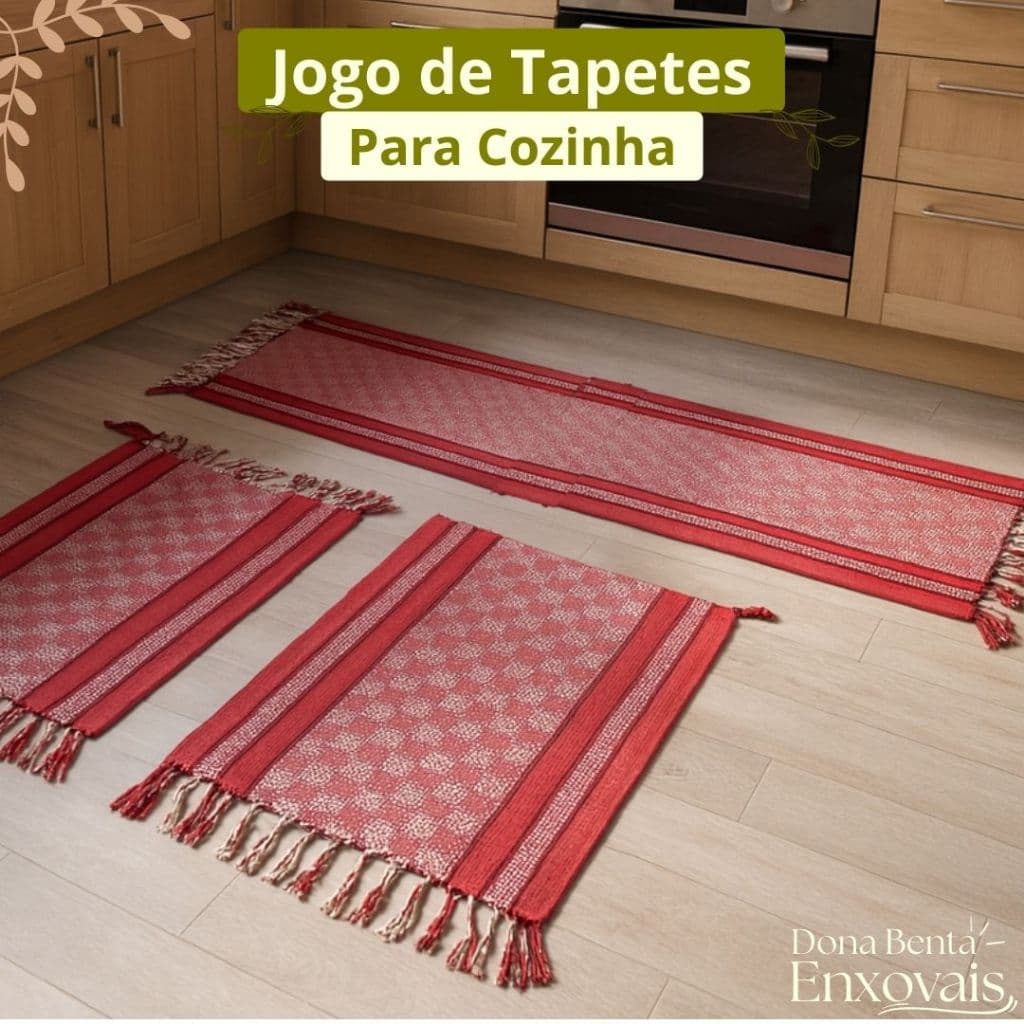 kit Tapete de Cozinha Lavável Algodão Cru 1 Passadeira e 2 Tapetes
