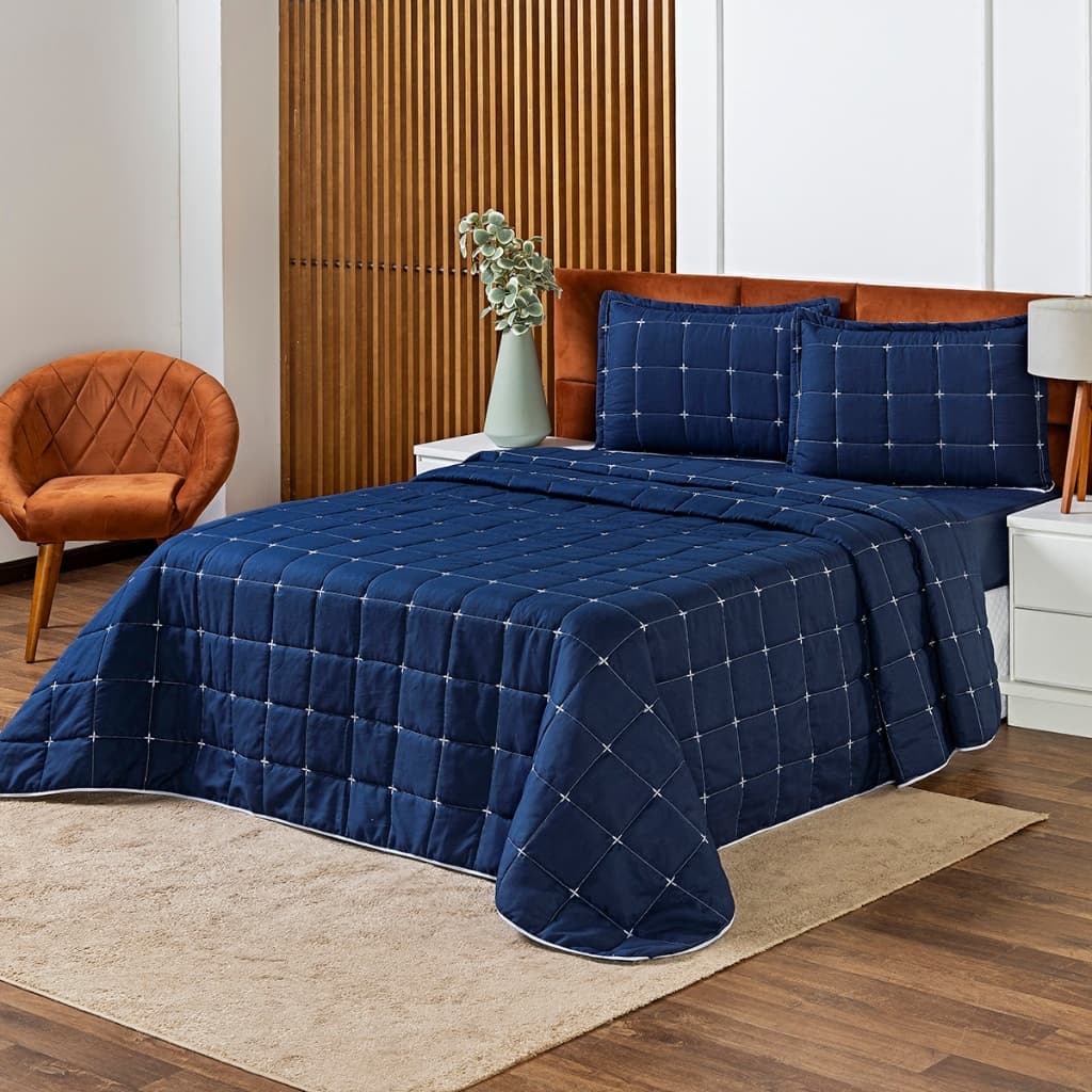 Kit Enxoval Lisboa Casal Queen 3 Peças Cobre Leito Bordado Dupla Face Decoração Quarto