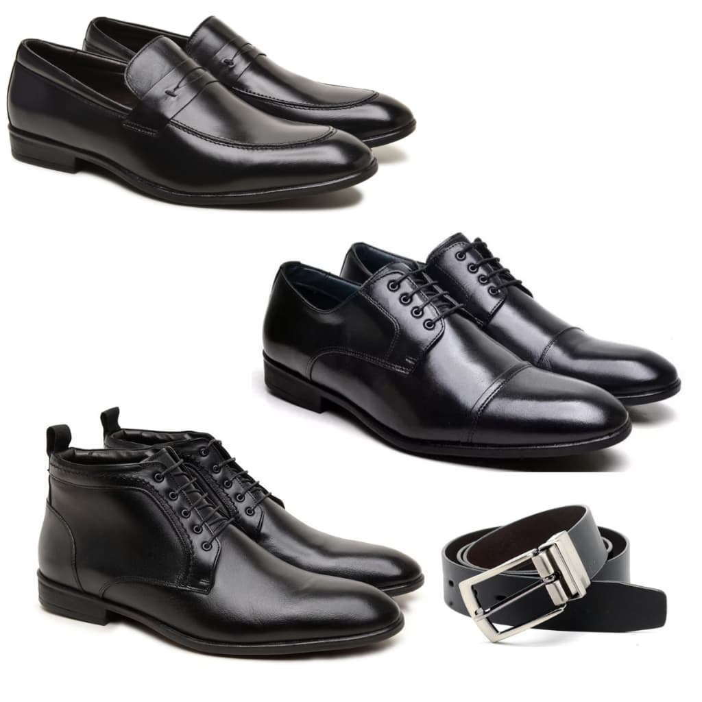 Sapato Social Bota Casual Masculino Todos em Couro Nobre Legitimo Super kit com 3 Pares mais Cinto Sintético Dupla face