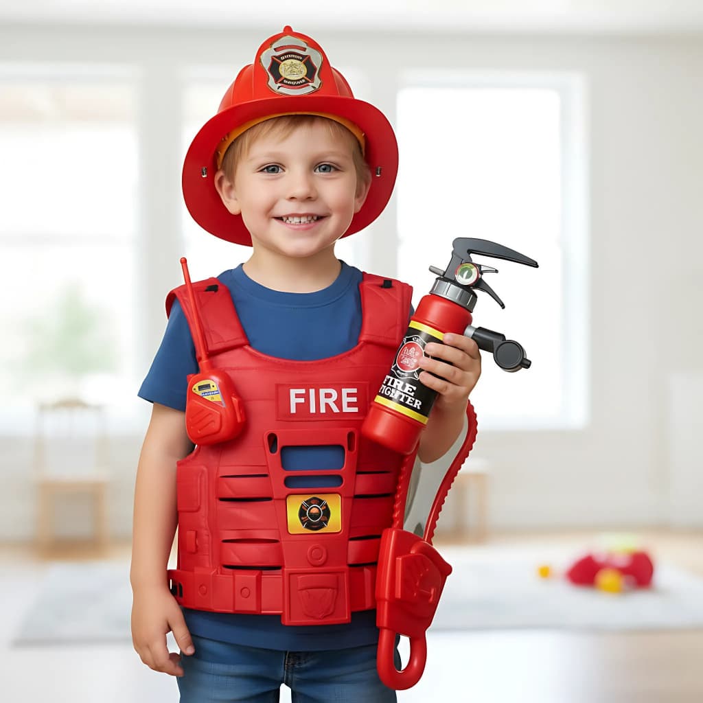 Kit Fantasia Bombeiro Infantil Completo Colete Capacete e 8 Acessórios Brinquedo Herói Profissões