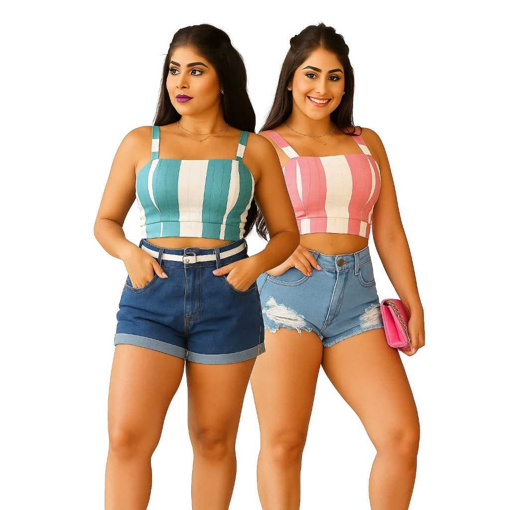 Kit Blusa Cropped Feminino Top Listrado Com Bojo Moda Blogueira  Lançamento