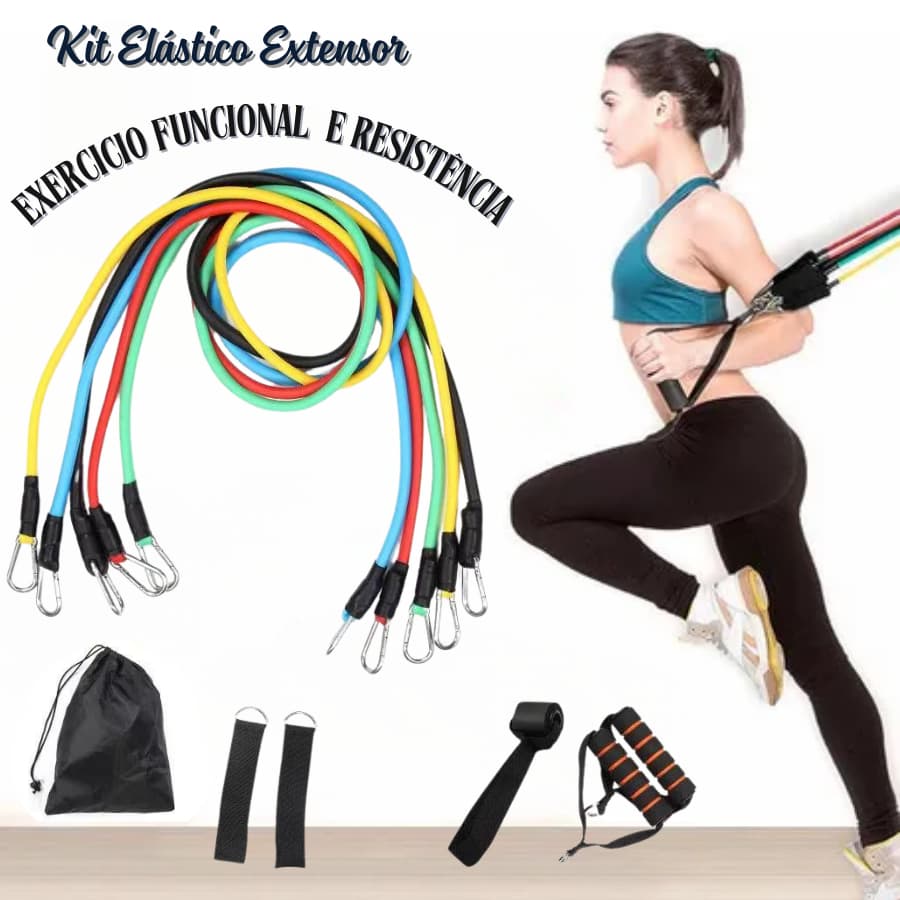 Kit Treino Em Casa 11pçs Extensores de Elástico Resistência Fisioterapia Pilates e Treino Funcional