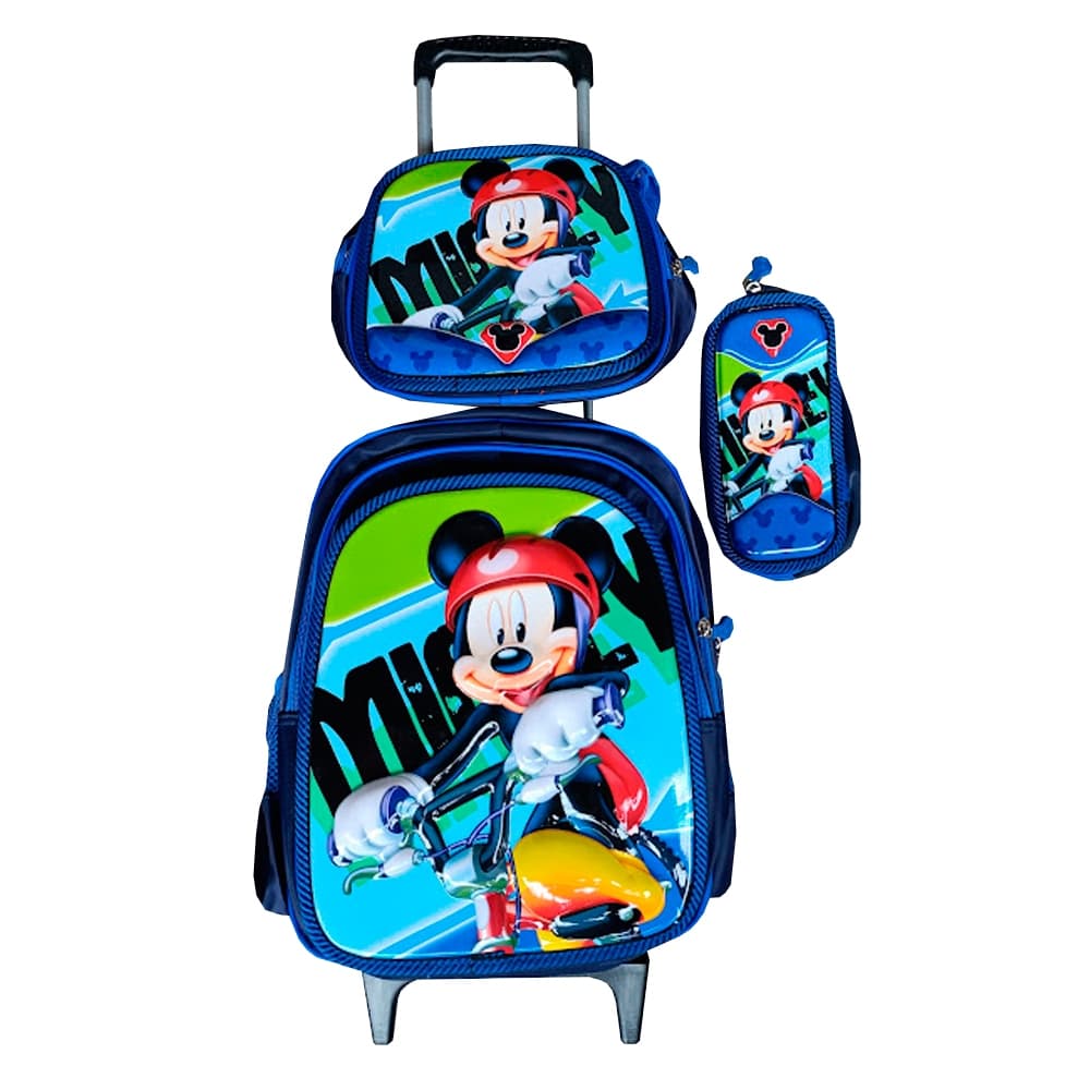 Kit Mochila do Mickey Bike em 3D com Rodinhas + Lancheira Térmica + Estojo Escolar Infantil