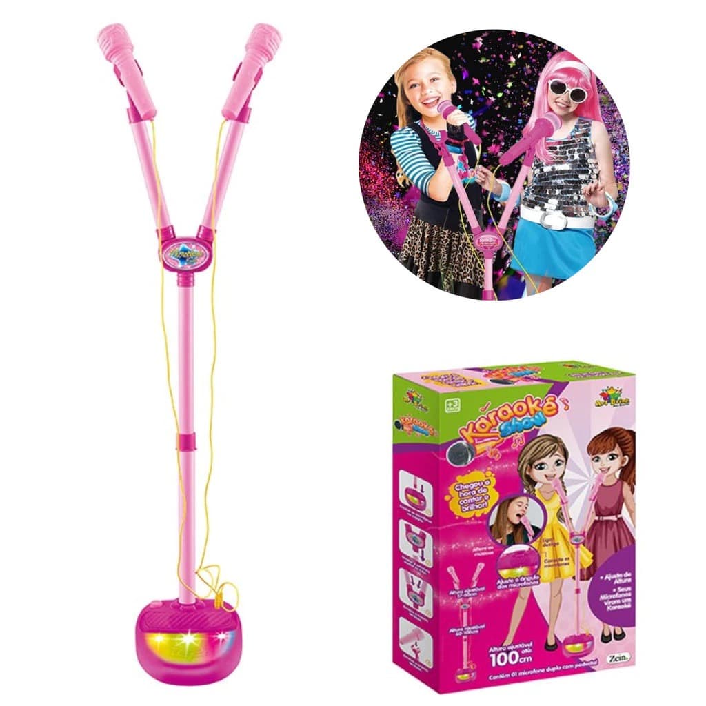 Microfone Duplo Infantil Rosa Karaoke Com Pedestal Voz Luz Brinquedo Crianças Art Brink