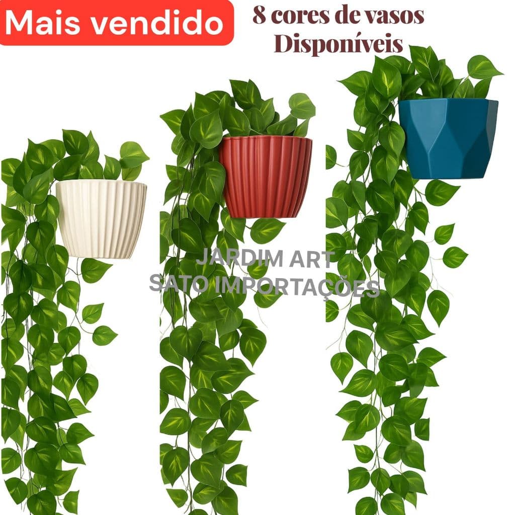 1 Kit Vaso Plastico Ceremico + 2 Planta Pendurada Verde  Artificial Parede Varanda pendente verde caida Enfeite