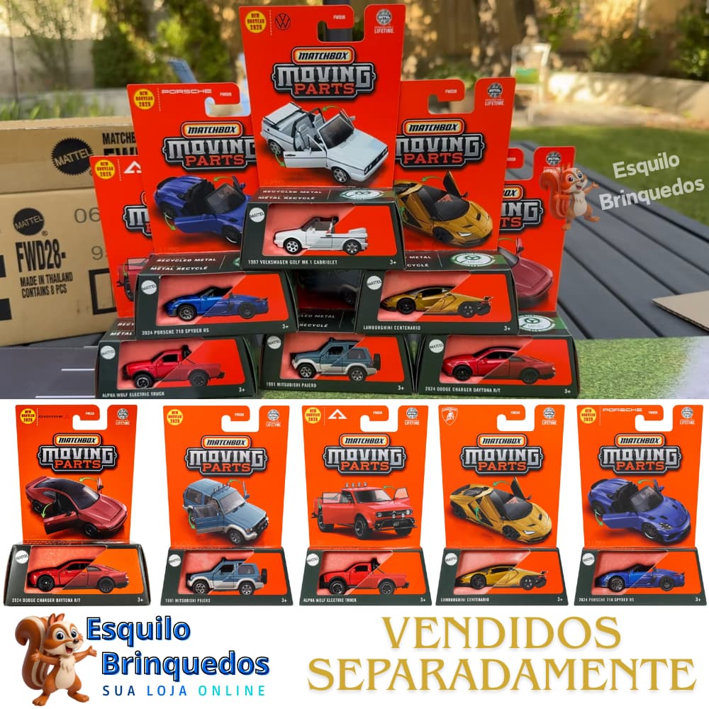 Miniatura 1:64 Matchbox Moving Parts Porsche 718 Spyder Mitsubishi Pajero Lamborghini