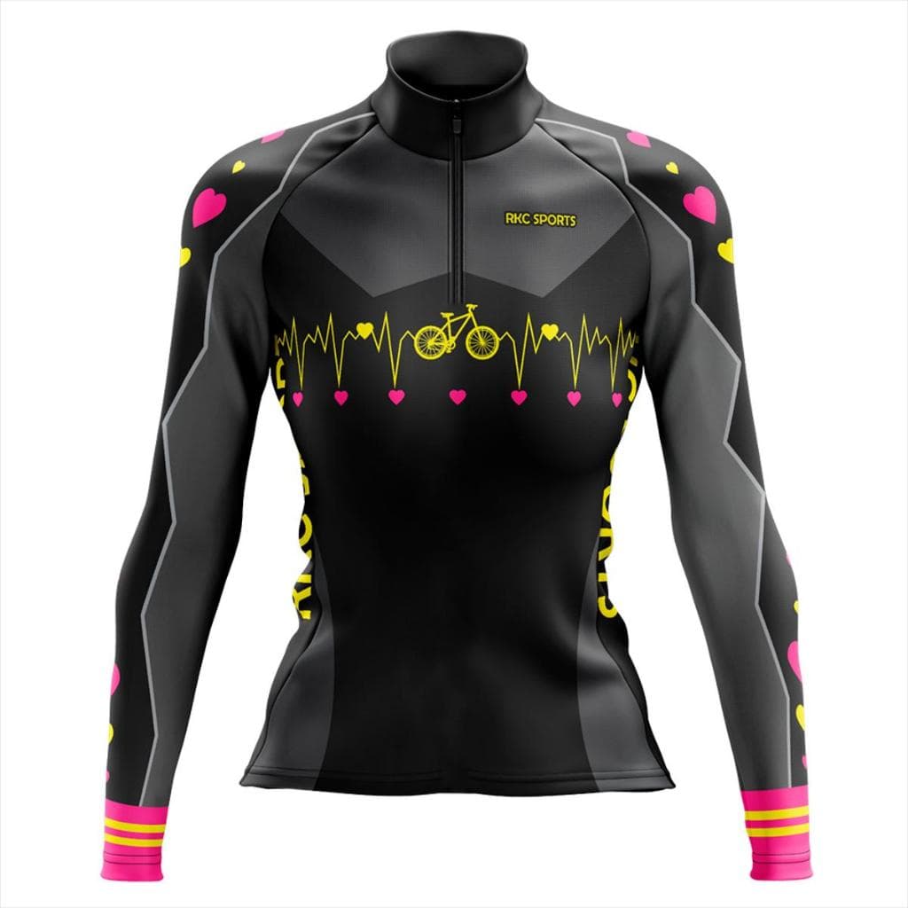 Camisa Ciclismo Feminina Manga longa Bike Coração Preta UV+50