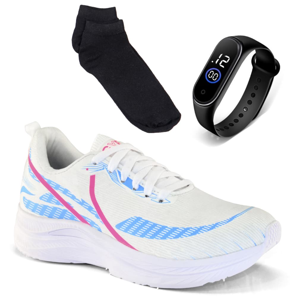 Tênis Feminino Leve Barato + Relógio + Meia Confortável Academia Promoção Casual