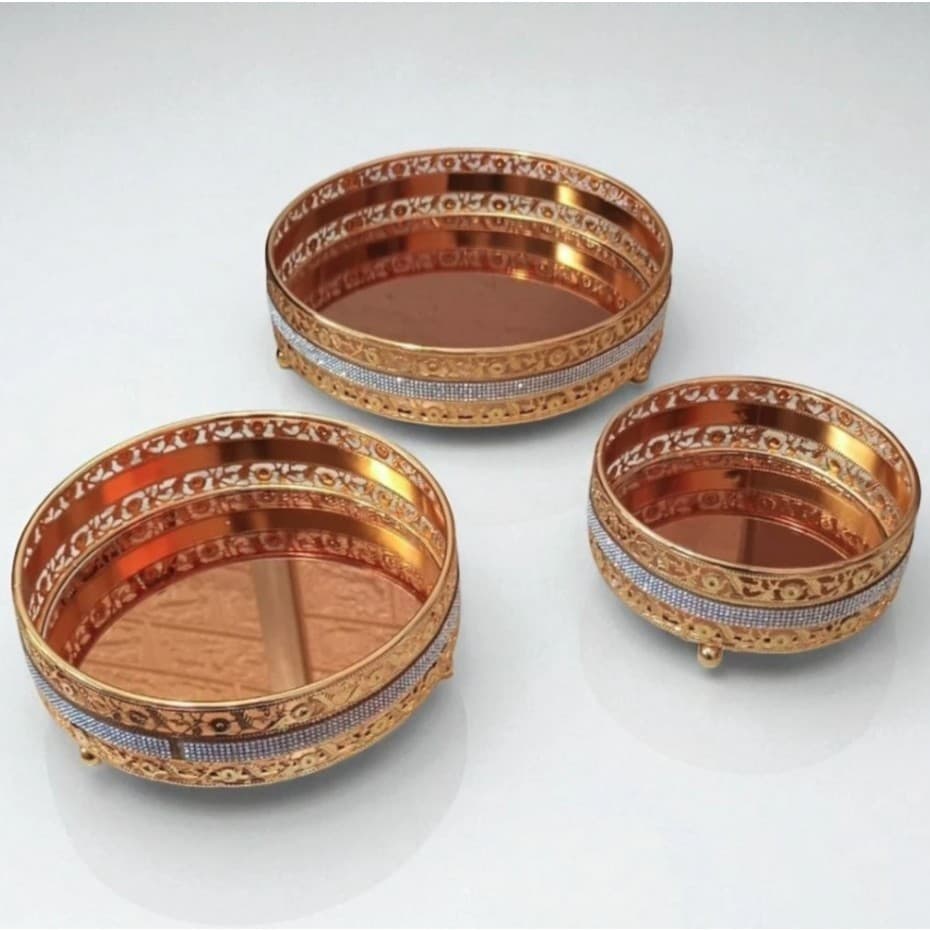 Bandeja Decorativa Espelhada Redonda Dourada 3 Tamanhos Centro de Mesa - 6832H