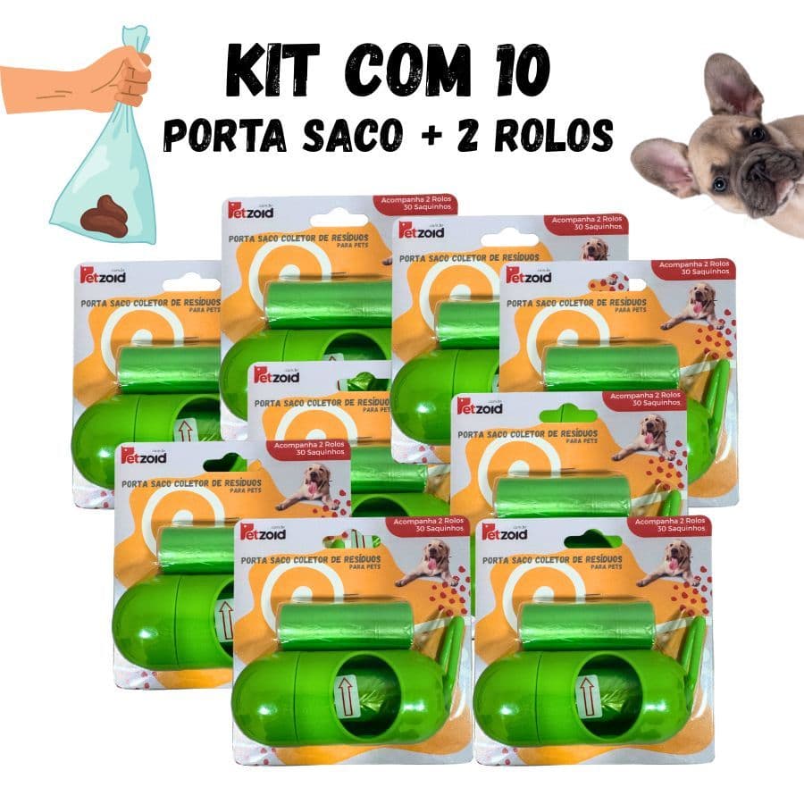 Kit 10 Porta Saco + 2 Rolos de Saquinhos Higiênicos Cata Caca para Cachorro, Cão, Gato, Pet