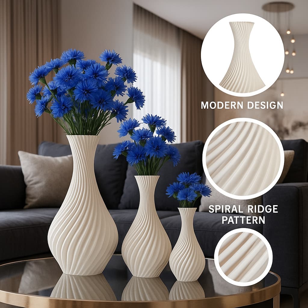 Kit 3 Vasos Decorativo P M G em Espiral Moderno Elegante Impressão 3D.