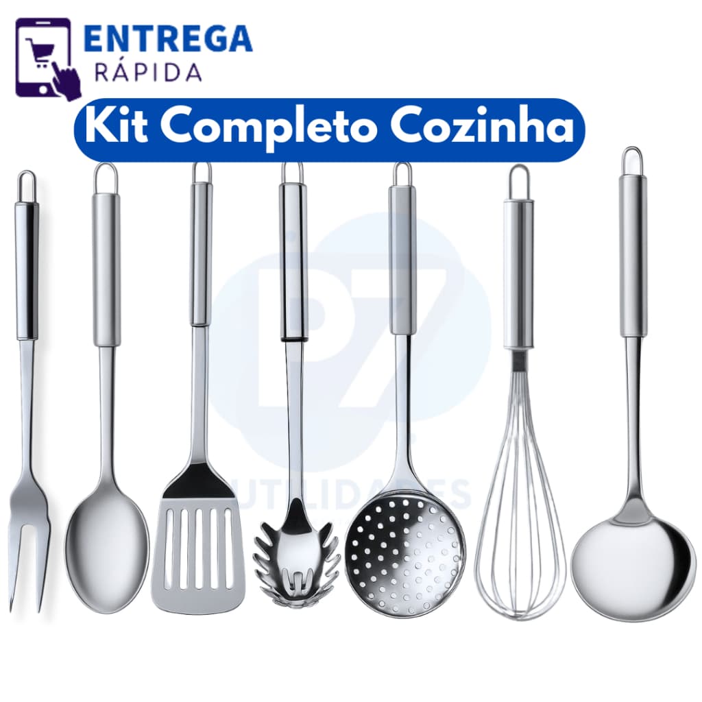 Kit 7 Utensílios para Cozinha Inox Escumadeira Concha Colher Arroz Pegador Massa Garfo Espátula Fuet