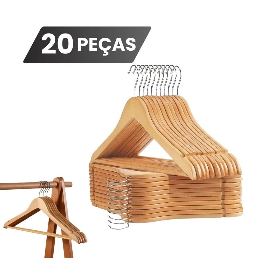 Kit 10 ou 20 Cabides De 100% Madeira Com Barra Antidelizante Firme