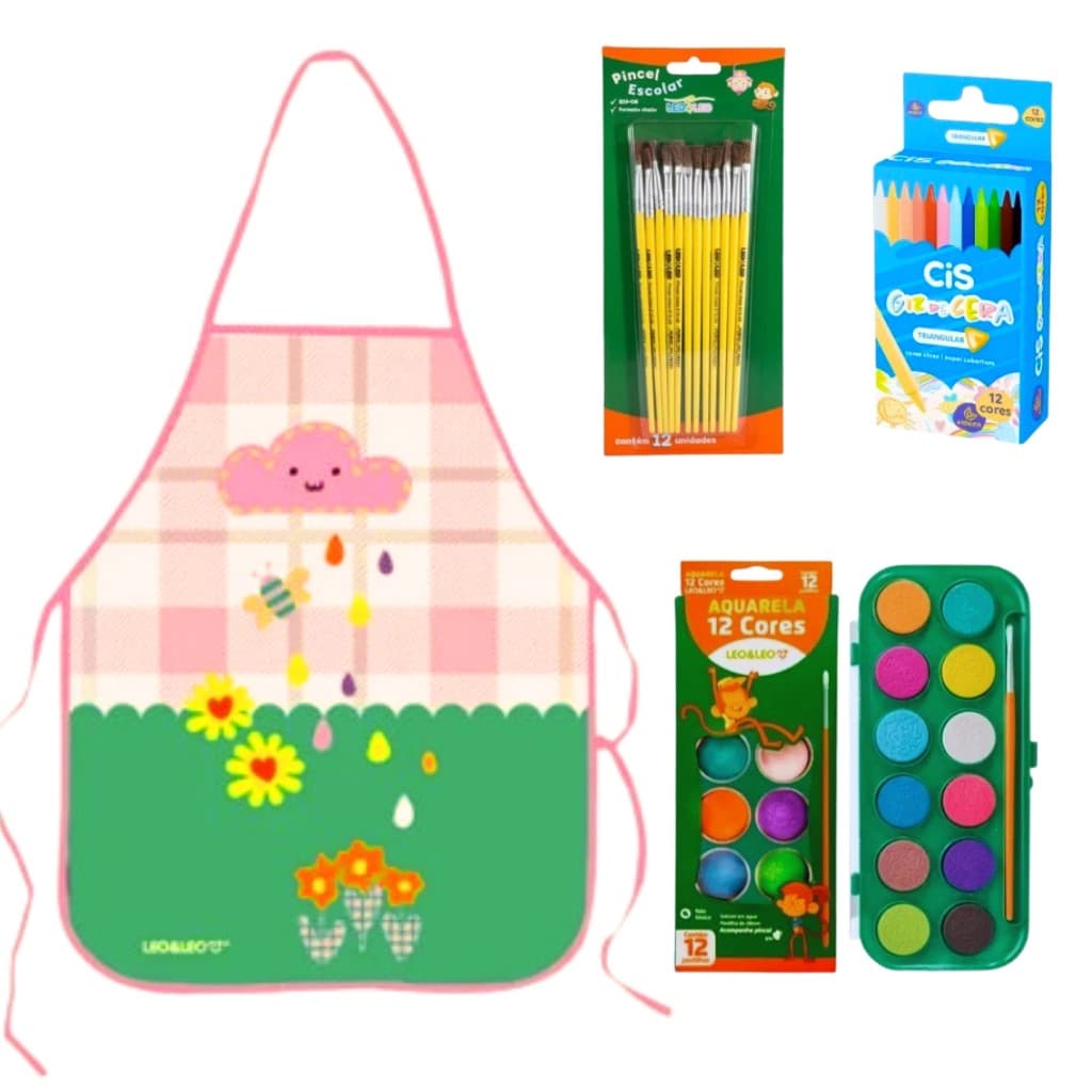 Kit Escolar Infantil com Avental, Pintura, Pinceis e Giz de Cera para Escola e Arte
