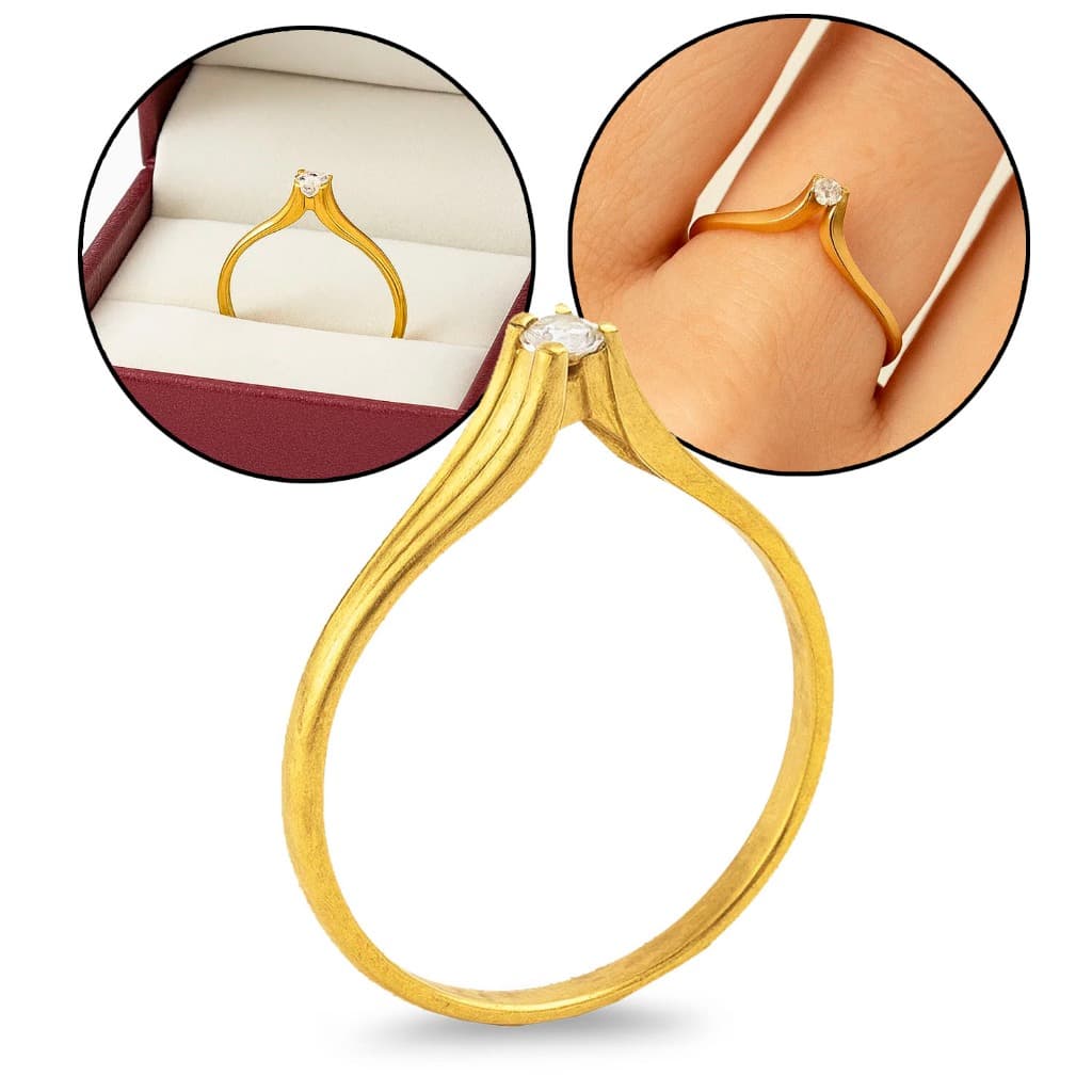 Anel Bico Com Pedra Zircônia Moeda Antiga Minimalista Dourado