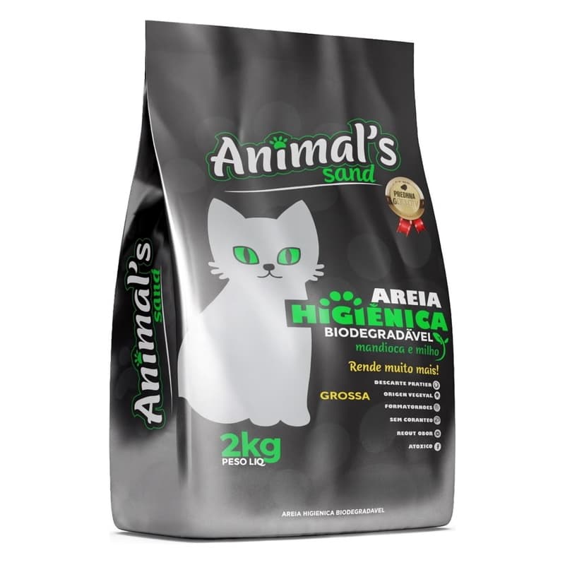 Areia para gatos Biodegradável 2kg - Animal’s Sand Areia de Mandioca para Gatos