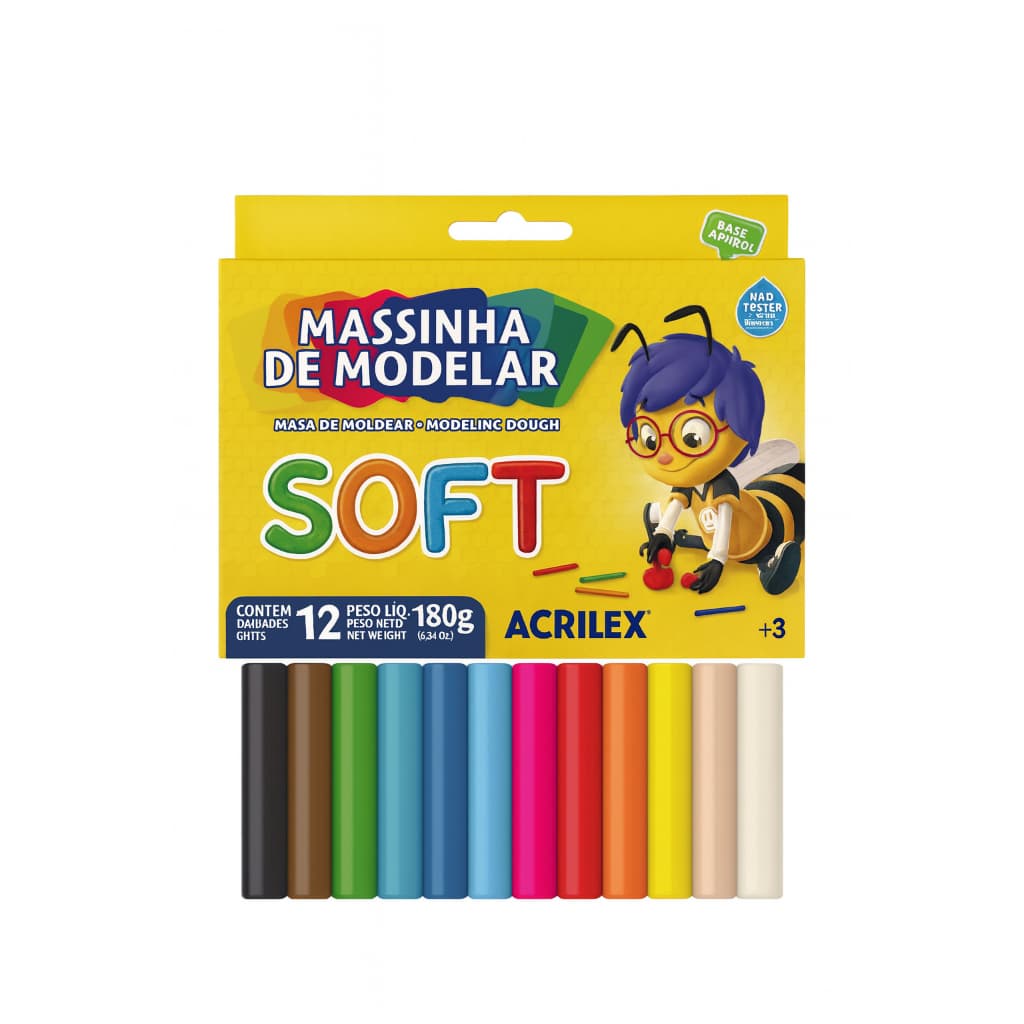 Massinha de Modelar Acrilex 12 Cores Não Tóxica Educativa Infantil
