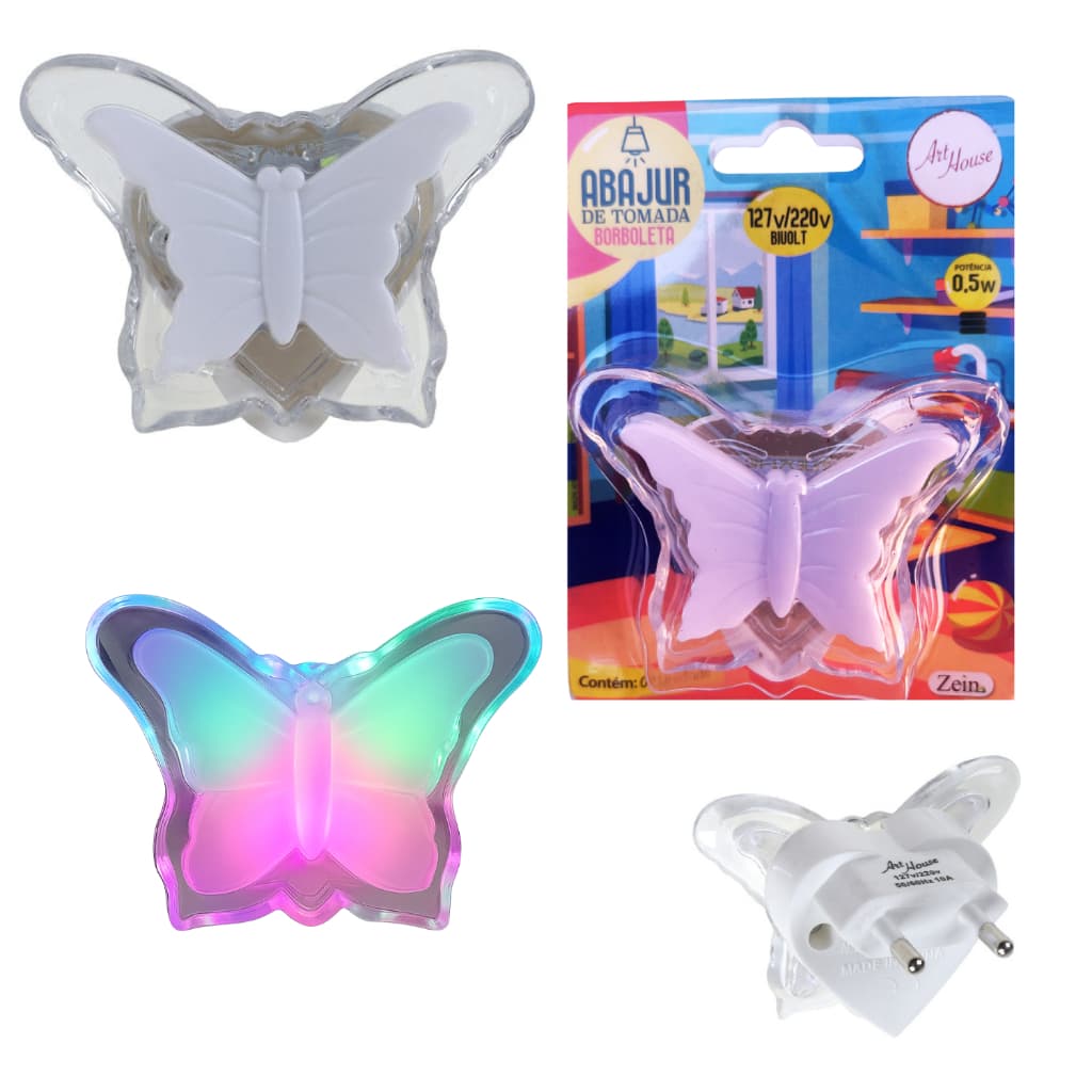 Kit 2 Mini Abajur de Tomada Borboleta LED Bivolt Colorido Luz Noturna Infantil Decorativa