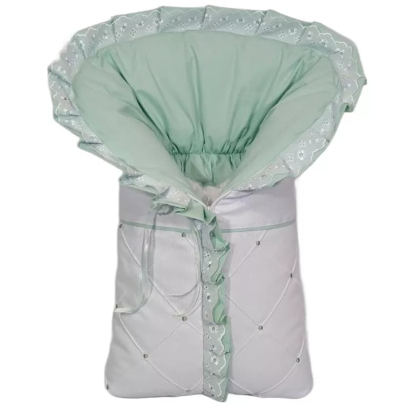 Porta Bebê Saco De Dormir Tecido Pique Branco C/ Verde Claro 100% Algodão