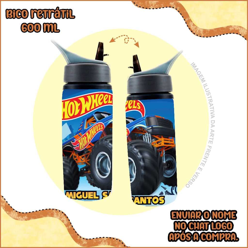HOTWHEELS | Garrafa de alumínio carros personalizada com nome - squeeze escolar monster truck
