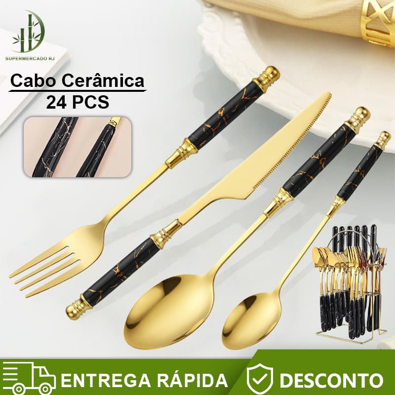 Conjunto De Talheres aço inoxidáve,textura cerâmica de mármore alça para Jantar Cozinha