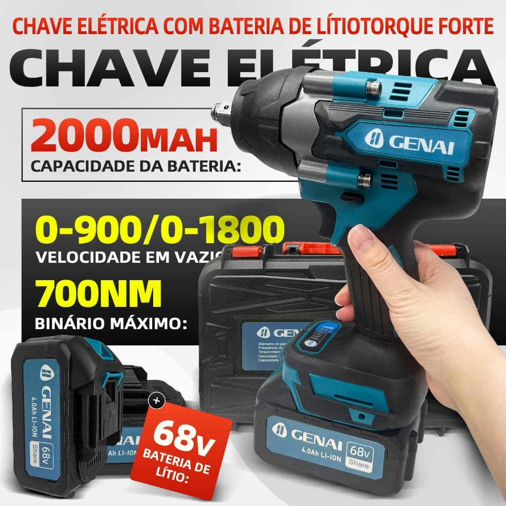 Chave Impacto Profissional 68V 700RPM - 2 Baterias, Motor Brushless e Case - GN-574B