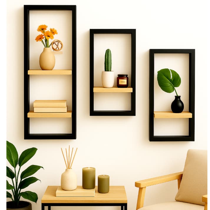 Quadro prateleira de parede kit C/3 Quadros retângulo decorativo nicho Organizador fotos enfeites quato sala varanda.
