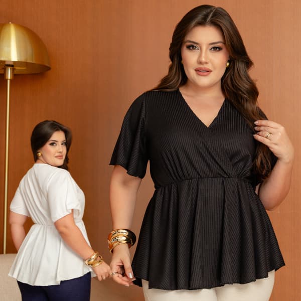 Blusa Plus Size Gola V Cintura Alta Mullet Manga Curta Veste Leg Blusinha Bata
