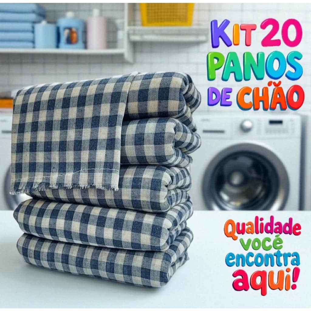 Kit Panos De Chão Xadrez Azul/Branco Grande Multiuso Saco Duplo Limpeza Geral 100% Algodão Reforçado