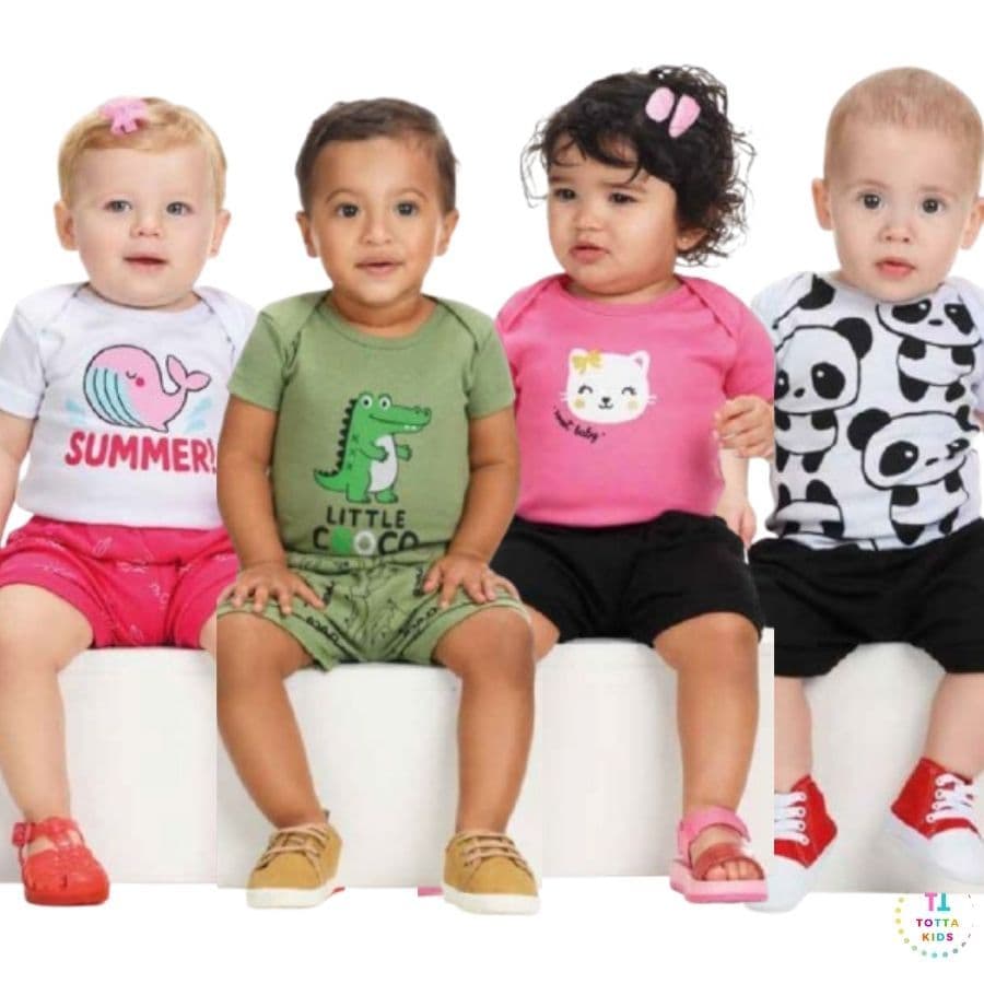 Kit Body 3 Peças Bebê Menino e Menina Conjunto 2 Bodies Manga Curta +1 shorts Masculino e Feminino 100% Algodão