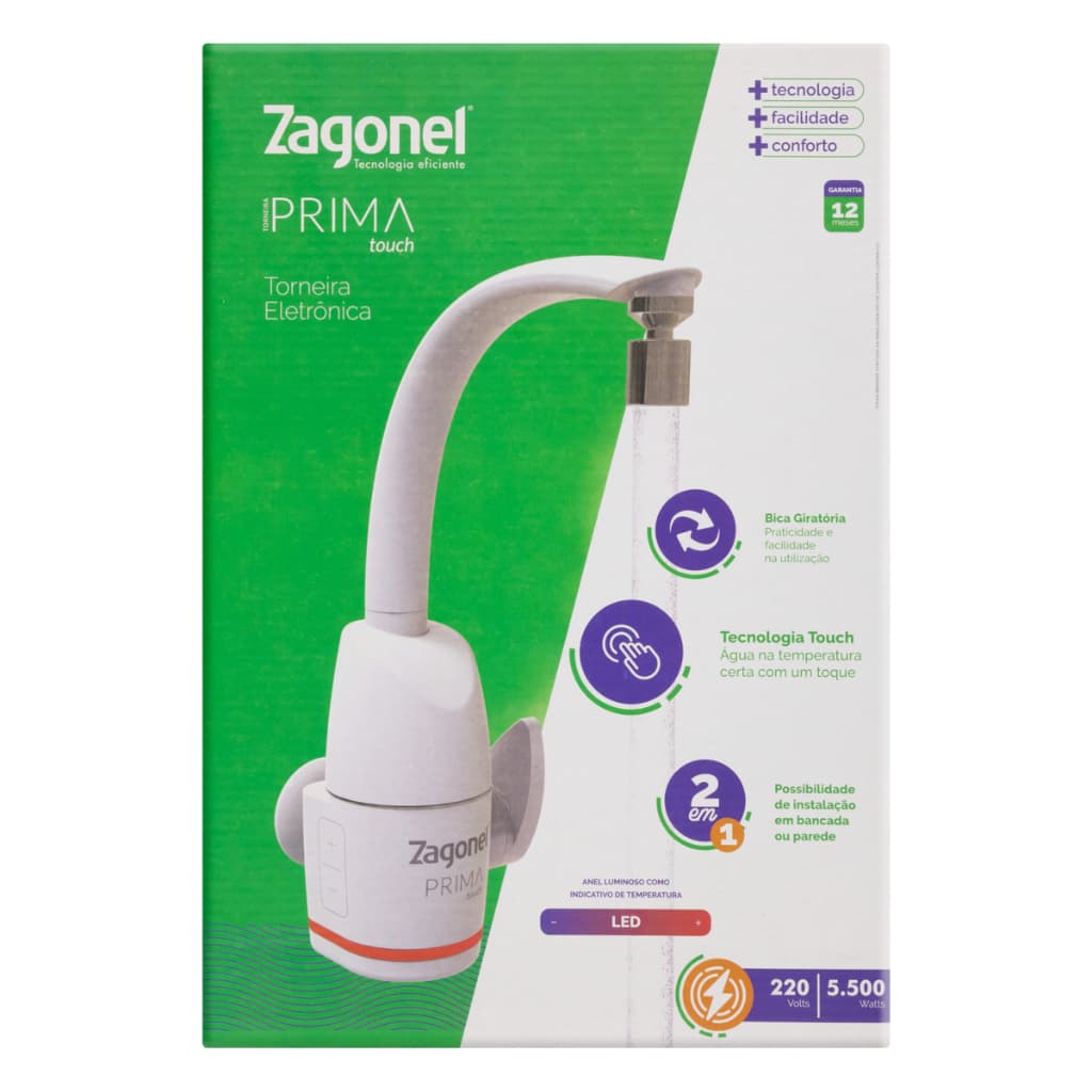 Torneira Eletrônica PRIMA Zagonel TOUCH *220V* com Adaptador Bancada e Parede 5500W Branca