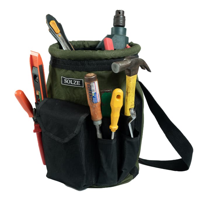 Bolsa Balde SOLZE em lona verde militar para içar ferramentas eletricista, telecom, telefonia.