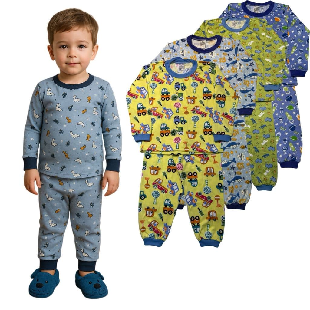 Kit 2 Pijamas Infantil Menino Estampado Roupa Masculino 2 Blusas Manga Longa 2 Calças Com Punho