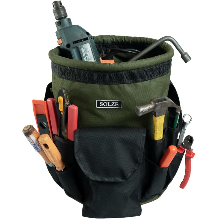 BOLSA BALDE PARA FERRAMENTAS GRANDE (G) EM LONA, FUNDO REFORÇADO E TELECOM COM BOLSOS EXTERNO VERDE MILITAR E PRETO