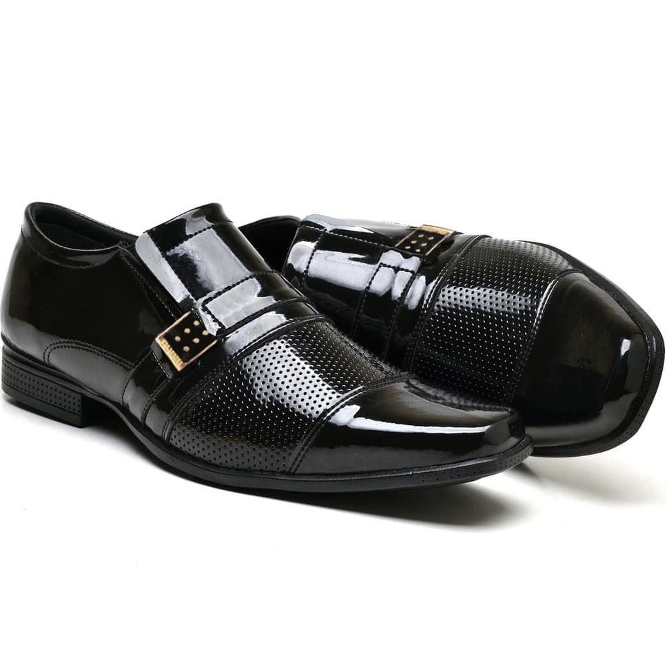 Sapato Social Masculino Preto Verniz Elegante e Confortável com Detalhe em Metal