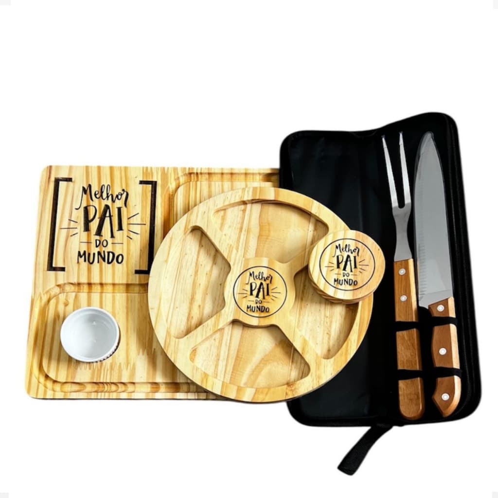 Tábua de carne + Petisqueira Madeira + Abridor + Conjunto Faca e Garfo - Kit Dia Dos Pais ou Presente dia dos pais
