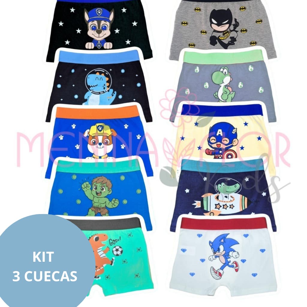 Kit 3 Cuecas Box Cueca Estampada Bumbum Cotton Sortidas Meninos Alta Qualidade