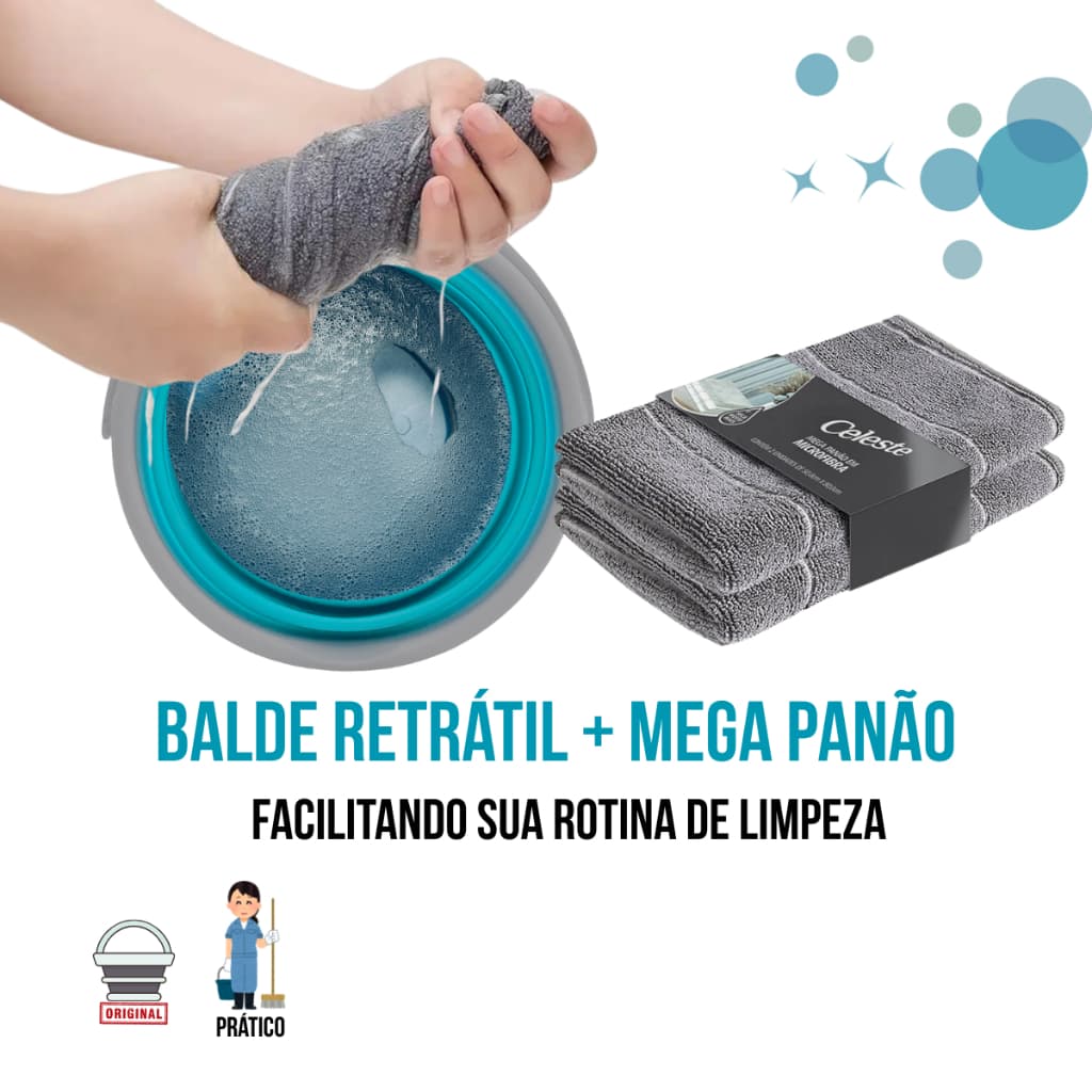 Kit 01 Balde Retrátil 2 Mega Panão Microfibra Limpeza Balde Artigo Domestico Banheiro Casa